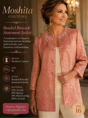 Moshita Couture brocade jacket Blazer pink gold floral pattern Bead Collar Sz 16